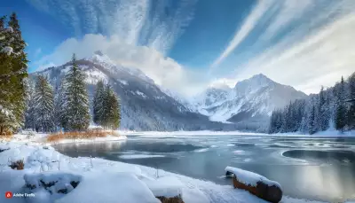Winter Nature Scene with Snowy Mountains and Huge Lake Wallpaper - Majestic snow-covered mountains and a vast frozen lake in a breathtaking winter landscape