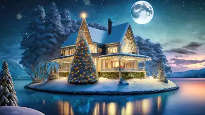 A beautiful house decorated for Christmas, a Christmas tree in front of the house, and a serene lake in the background