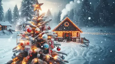 A cozy winter scene with a wooden house decorated for Christmas and a beautifully lit Christmas tree