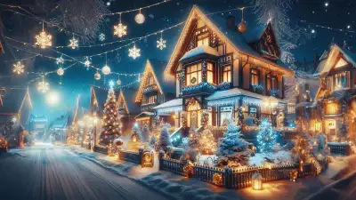 Illustration of a snow-covered street adorned with Christmas decorations, creating a festive and heartwarming winter scene