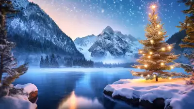 Illustration of a winter scene with snowy mountains in the background, a lakeside tranquility, and a majestic Christmas tree adorned with warm white lights, creating a serene and festive ambiance