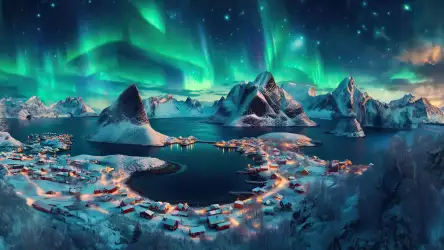 Aurora Borealis Over a Snowy Fjord Village