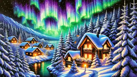 Aurora Borealis Over Snowy Winter Village