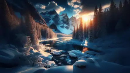 Enchanting Winter Forest with Sunlit Peaks