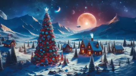 Fantasy Christmas Wonderland Under a Celestial Night Sky