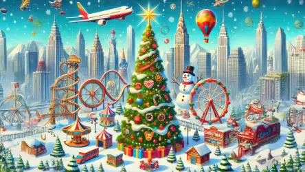 Festive Winter Cityscape with Christmas Tree and Carnival Rides