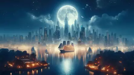 Mystical Night Cityscape with Sailing Ships