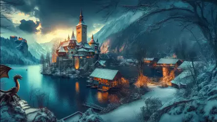 Mystical Winter Castle with a Dragon