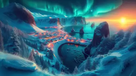 Northern Lights Over Snowy Coastal Village