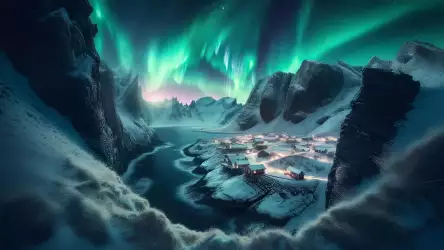 Northern Lights over Snowy Village