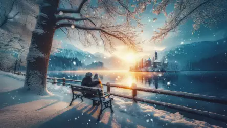 Romantic Winter Morning by the Lake