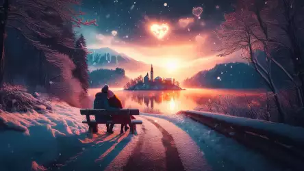 Romantic Winter Sunset by the Lake