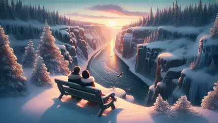 Winter Serenity: A Couple's Sunset View Over a Frozen Canyon