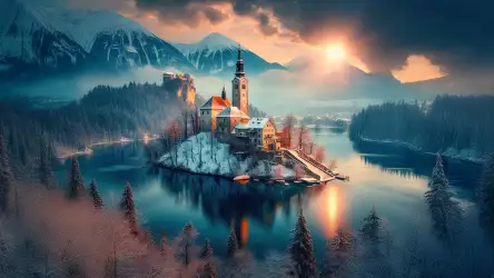 Breathtaking Winter Sunrise Over Island Church