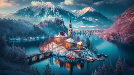 Winter Castle by the Frozen Lake