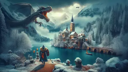 Winter castle in a snowy valley with a dragon looming above and a warrior approaching