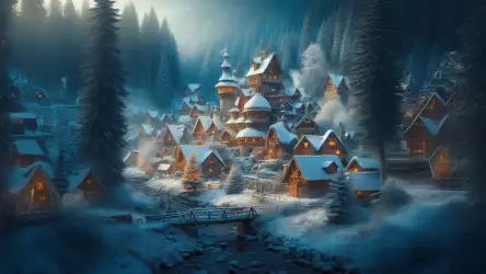 Charming Winter Village in a Forest