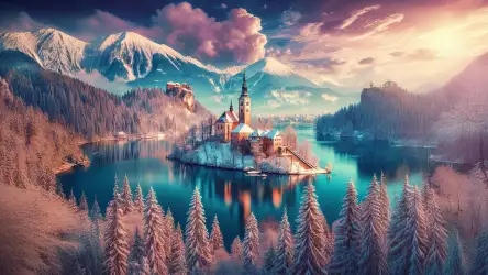 Enchanting Winter Lake and Island Church