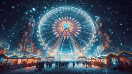 Winter Night Ferris Wheel and Festive Market