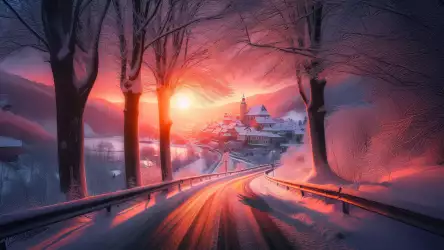 Winter Sunset Over a Snowy Village