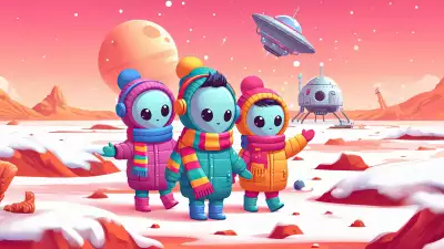 Three cartoon alien children in colorful winter outfits exploring a snowy alien landscape with a spaceship in the background.