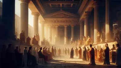 A detailed illustration of an ancient Roman forum with grand columns, a high ceiling, and people gathered in togas under warm sunlight.