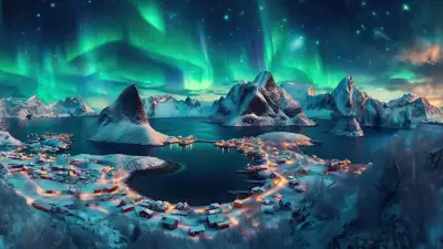 Aurora Borealis over a snowy fjord village with snow-covered houses and majestic mountains