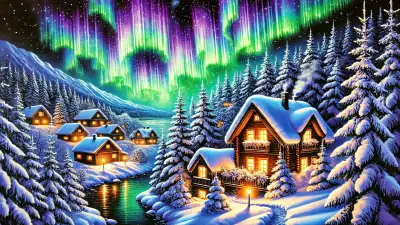 A snowy village illuminated by the vibrant northern lights, with cozy cottages and a serene winter landscape.