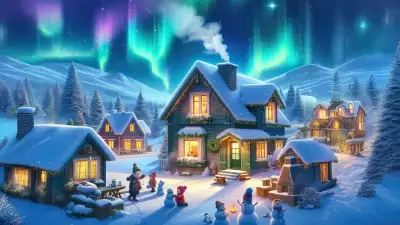 Cozy cottage with family building snowmen under aurora borealis