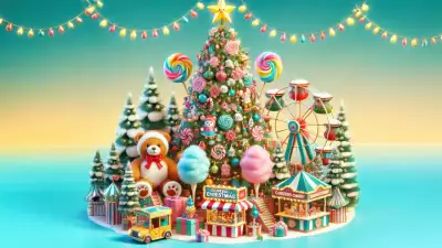 A festive Christmas scene with a candy-decorated tree, Ferris wheel, cotton candy, and colorful holiday attractions.