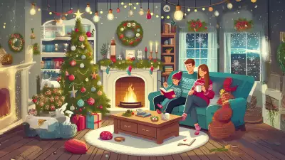 A family sitting by the fireplace in a cozy living room decorated for Christmas with a glowing tree and festive wreaths.