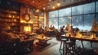 Cozy winter cafe with a fireplace, warm lighting, and people enjoying the snowy view outside