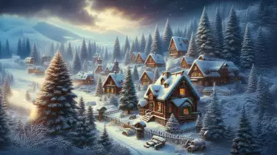 Snowy winter village under a starry night with illuminated cabins, festive decorations, and pine trees covered in snow.