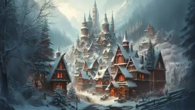 A fairy-tale winter village with snow-covered towers and glowing lights