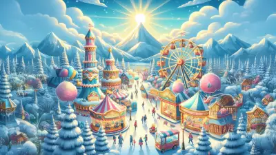 A vibrant winter carnival scene with a Ferris wheel, colorful rides, and festive stalls surrounded by a snowy wonderland and majestic mountains.