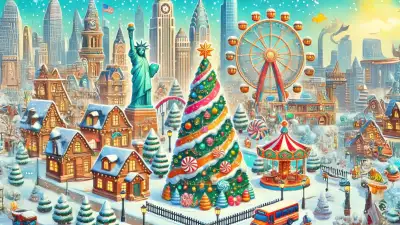 A magical cityscape decorated for Christmas with a grand Christmas tree, carousel, Ferris wheel, and snowy cottages.