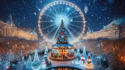 A magical winter carnival with a lit Ferris wheel, festive carousel, and snow-covered decorations in a holiday setting.