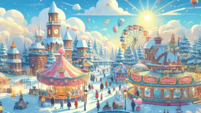 A vibrant winter carnival scene with colorful carousels, a Ferris wheel, and snow-covered village under a sunny sky.