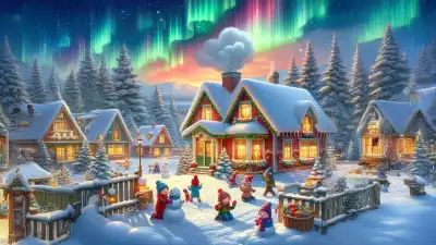 A festive winter village with glowing cottages, children building snowmen, and a vibrant aurora lighting up the night sky.