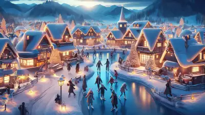 A snowy village with ice skaters on a frozen pond, surrounded by festive cottages and holiday lights.