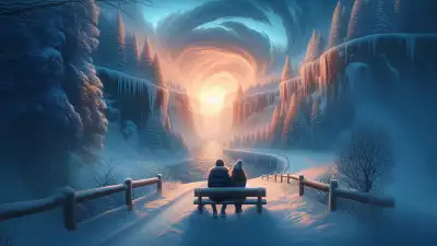 Couple sitting on a bench admiring a sunrise over a frozen canyon