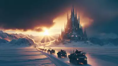 A majestic frozen citadel illuminated by the warm glow of the sunrise, with a convoy of futuristic armored vehicles traversing the snowy terrain.