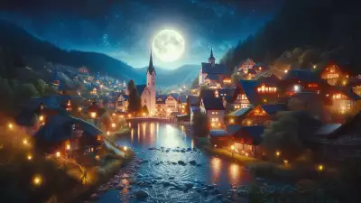 A serene view of Hallstatt at night with its illuminated houses, a full moon, and a tranquil river reflecting the lights.