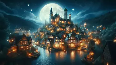 Glowing moonlit village with serene water and charming houses