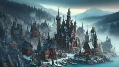 A majestic snowy castle surrounded by an enchanting winter village