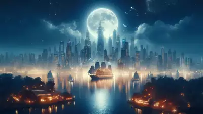 A breathtaking futuristic city skyline under a glowing full moon, with illuminated sailing ships reflecting on calm waters.