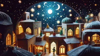 An enchanting night scene featuring a starry sky with glowing moons and stars over a brightly lit Middle Eastern-style village.