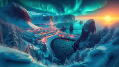 A snowy coastal village illuminated by the vibrant northern lights, surrounded by cliffs and overlooking the ocean at sunset.