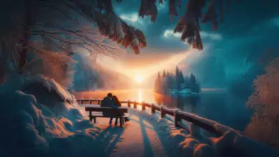 A couple sitting on a bench by a snowy lake during a beautiful winter sunset