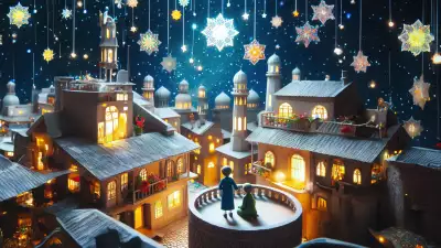 A serene winter village with glowing stars hanging above and warm light from rooftops, creating a magical ambiance.